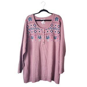 Woman Within Fair Isle Henley Dusty Pink Sweater